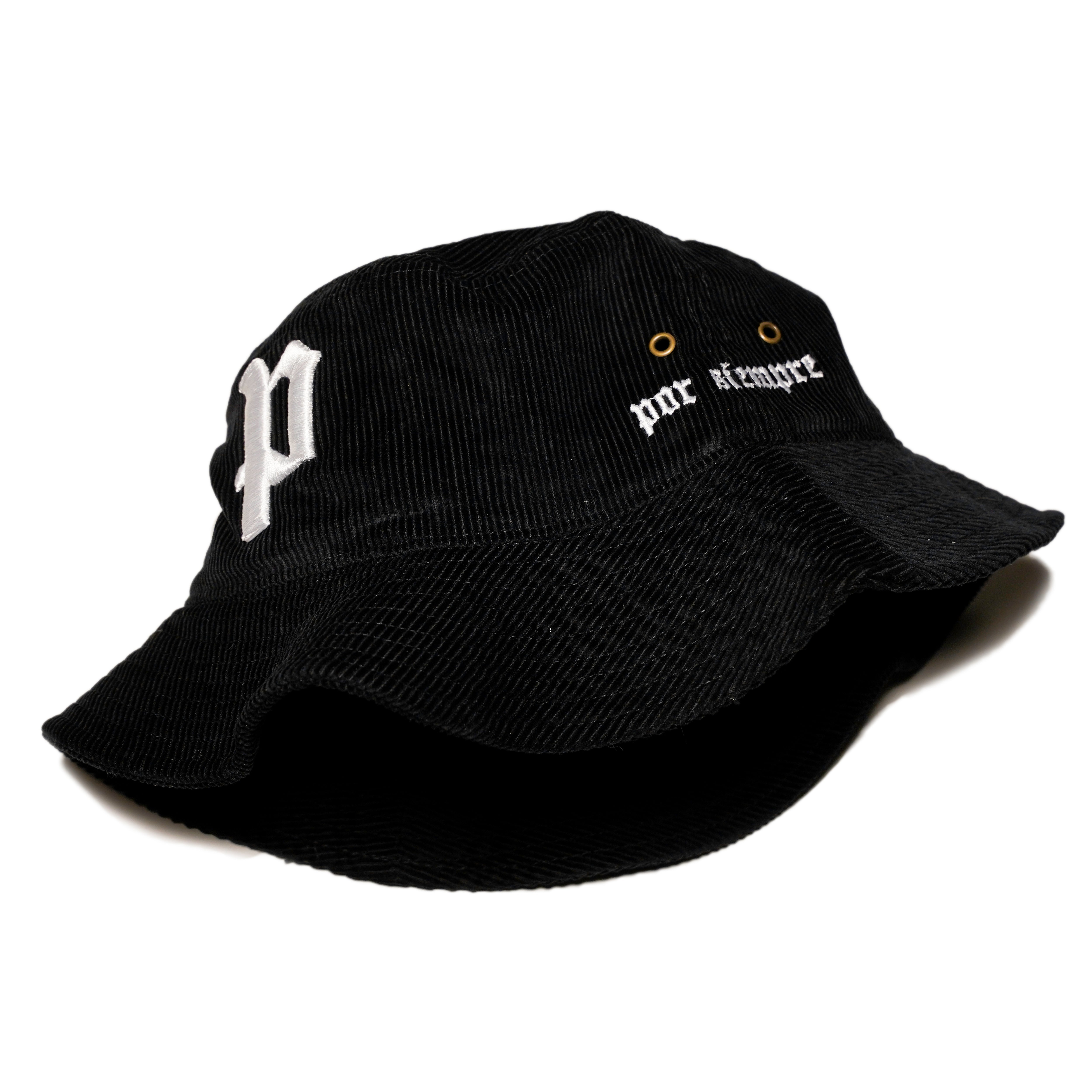 P CORDUROY BLACK BUCKET HAT