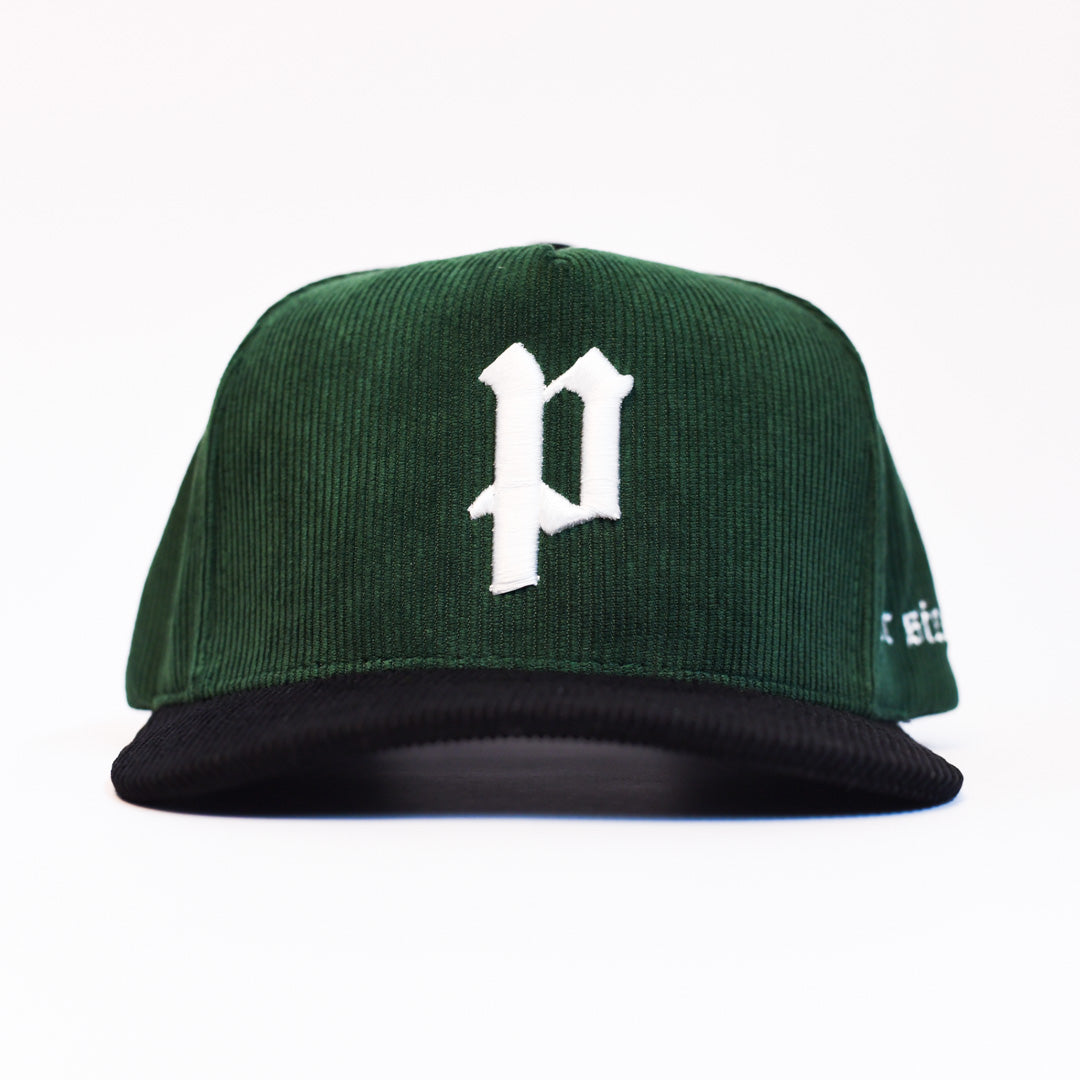 Green P Snapback. Exclusive Corduroy.
